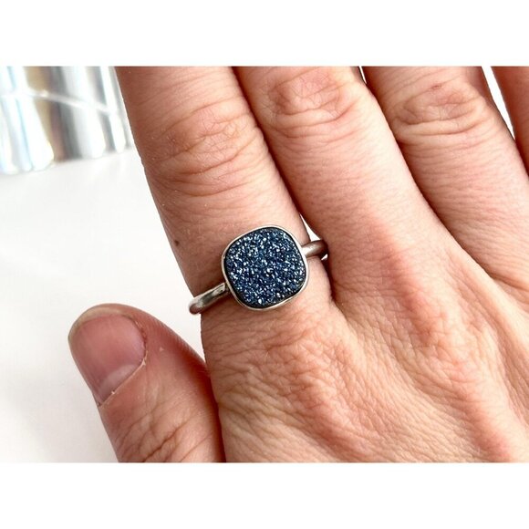 Blue Druzy Quartz Gemstone Oval Bezel Set Sterling Silver Vintage Ring - sz 10 - Picture 6 of 10